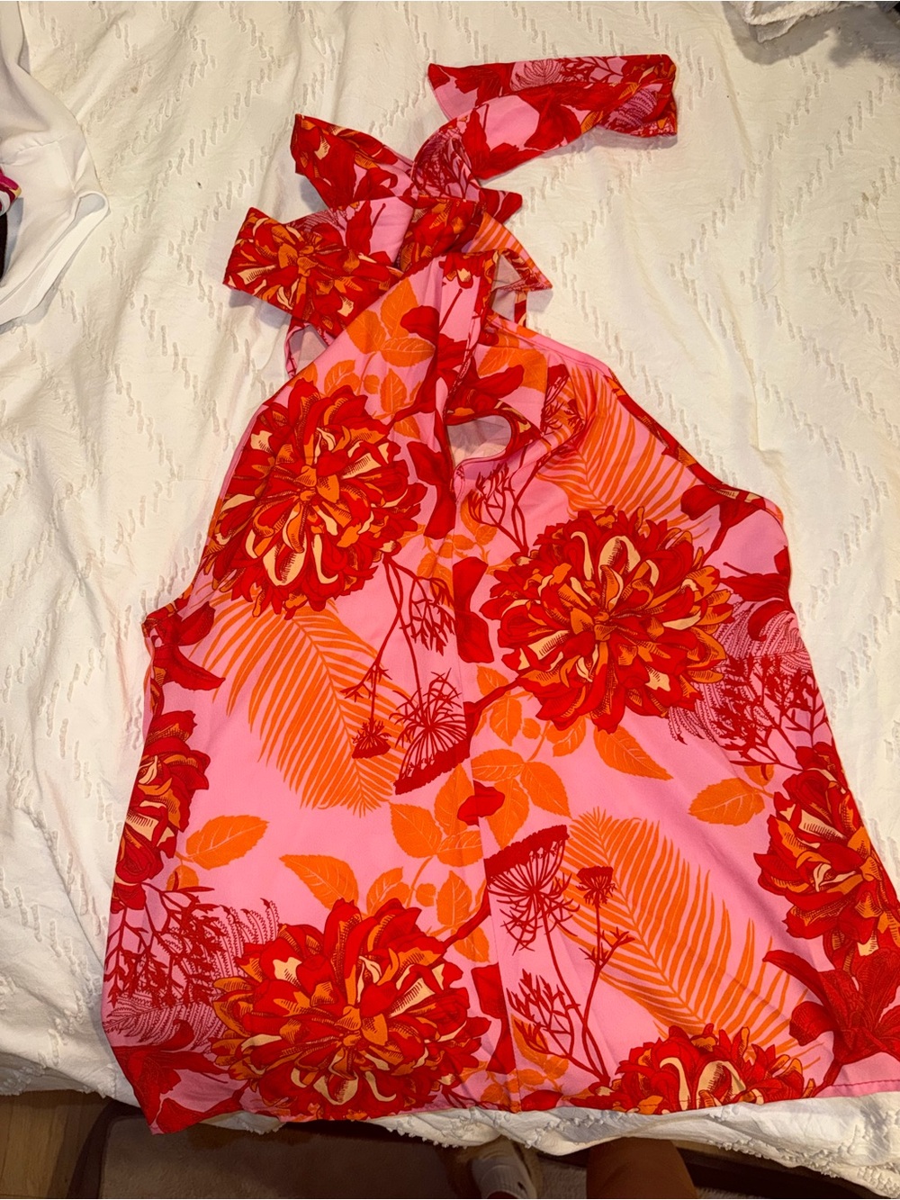 Sleeveless Pink Floral Halter Top with Red & Orange Bloom Print